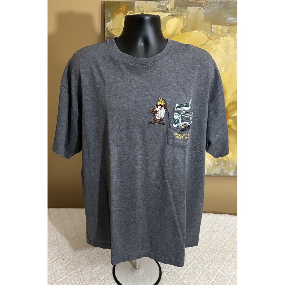 Vintage Warner Bros Tasmanian Devil King Of Highway Embroidered Gray Tee 2XL